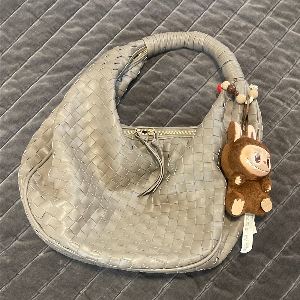 BOTTEGA style hobo Elegant Gray Woven Women's Bag with LABUBU charm
